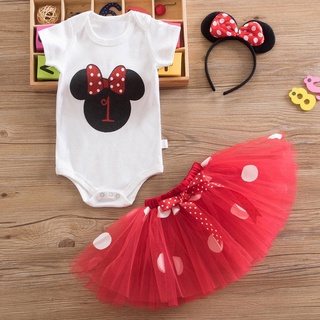 Bebé niñas Minnie Mouse punteado fiesta mameluco falda diadema conjuntos de ropa (2)