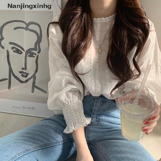 [nanjingxinhg] mujeres blusa puff manga blanca encaje manga larga camisa casual suelta volantes tops [caliente]
