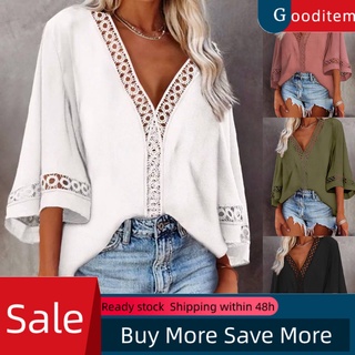 gooditem Blouse Solid Color Loose 4 Colors Women Hollow Out Lace Stitching Tops for Outdoor