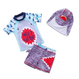 Sweetdream-Boys conjunto de ropa de natación de tres piezas, cuello redondo azul de manga corta Tops + pantalones cortos + sombrero (1)