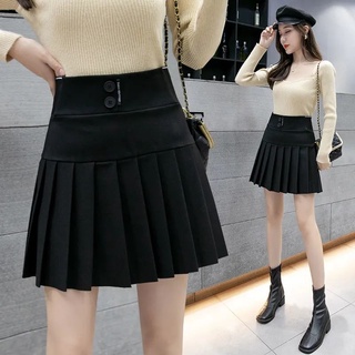 Mujer moda cintura alta una línea plisada falda otoño nueva Mini falda elástica cintura negra falda corta