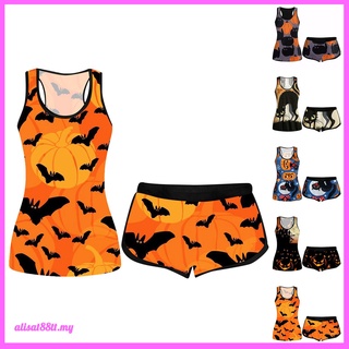 Conjunto de pantalones cortos sin mangas estampados de Halloween de dos piezas para mujer