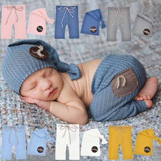 pujaoc 2 unids/set bebé fotografía disfraz madera botón decoración fotografía props textura suave recién nacido fotografía pantalones anudados cola sombrero conjunto de accesorios de bebé