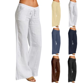 Beautyu_Mujer Casual sólido algodón lino cintura elástica cordón largo ancho pierna pantalones (1)