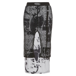 hus Women Gothic Punk High Waist Abstract Print Lace Splicing Midi Long A-Line Skirt