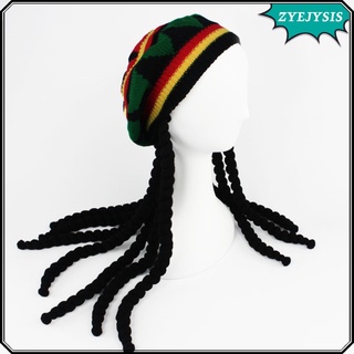 Rasta Dreadlocks Hat Wig with Tam - Reggae Knit Slouchy Beret Jamaican Crocheted Beanie Hippie Knitted Stretchy Cap Long Black Synthetic Hair Unisex