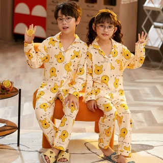 Niños ropa de dormir niño pijamas Baju Tidur estilo japonés de manga larga pijama de dibujos animados impreso pijamas de solapa ligero Unisex para niñas y niños grandes pijama de algodón