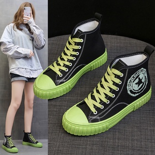 Nuevo diseño de las mujeres caramelo verde de alta parte superior de la lona de la moda del dedo del pie redondo con cordones estudiante zapatos planos zapatillas de deporte (1)