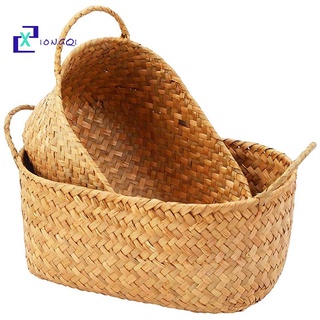 cestas de trenza de paja, 2 cestas de almacenamiento tejidas a mano con asas para almacenamiento, cesta de maceta y lavandería, picnic