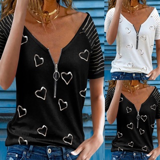 fuhuangya - camiseta con forma de corazón para mujer, diseño de cremallera, cuello en v, manga corta, suelta