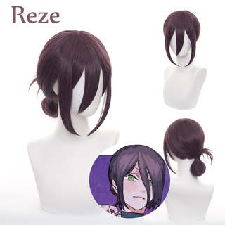 motosierra hombre-reze peluca cosplay púrpura oscuro pelo largo cola de caballo disfraz peluquín esponjoso halloween anime