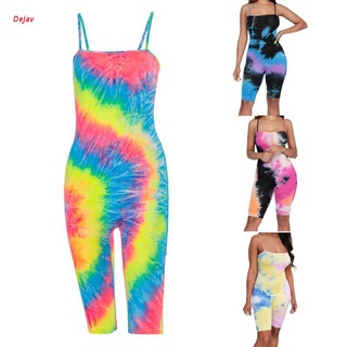 Dejav Women Spaghetti Strap Sexy Backless Bodycon Jumpsuit Neon Rainbow Tie-Dye Print Biker Shorts Rompers Summer Playsuit