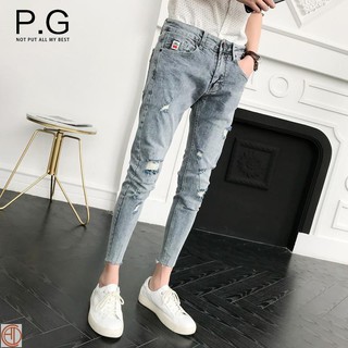 [Elasticidad] primavera y verano jeans hombres rasgado tobillo longitud pantalones pantalones de los hombres delgado apretado mendigo pantalones (1)