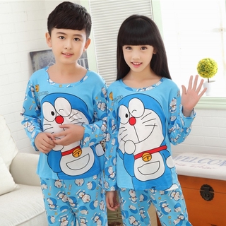 Venta caliente niños y niñas Unisex verano pijamas chica lindo suave Doraemon dibujos animados niños Sleepshirt manga larga cuello redondo vestido de casa