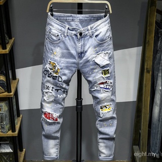 Ripped Jeans hombres alta calle moda alfabeto impresión Graffiti agujero delgado cónico Denim pantalones Hip Hop Rock juventud tendencia ropa mu0h