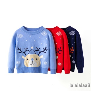 Laa8-yh niños suéter, navidad de dibujos animados alce patrón jersey de punto cuello redondo manga larga vacaciones prendas de punto