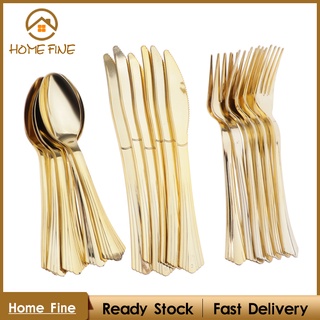 [Home Fine] juego de 18 utensilios de vajilla desechables de plástico cubiertos Set de tenedores cuchillos cucharas doradas