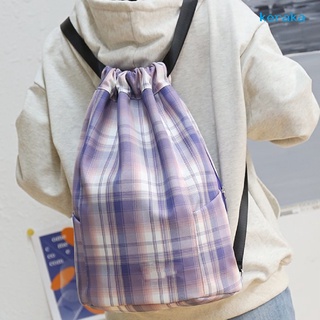 Men Women Adjustable Shoulder Strap Plaid Printed Canvas Drawstring Backpack Storage Bag Rucksack for Travel Fitness Yoga[keraka]
