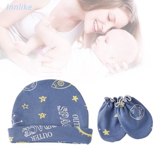 Inn bebé impreso guantes de algodón conjunto de sombreros recién nacidos antiarañazos manoplas gorro