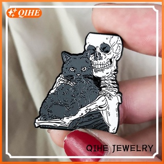 Funny Jewelry Cat and Skull Soft Enamel Badge Cute Spooky Lapel Pin Skeleton Hug Black Cat Badge Cat Lover Gift