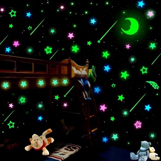 100pcs 3D niños dormitorio fluorescente brillan en la oscuridad flecha estrellas copo de nieve luna brillo pegatinas de pared estrellas luminosas resplandor de Color