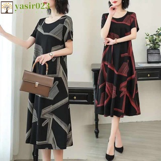 yasir023 Women Skirt Crew-neck Short-sleeved Abstract Printing Loose Casual A-shaped Midi Dress