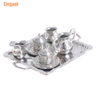 elegant*# 10pcs 1/12 casa de muñecas miniatura plata metal té café bandeja set de vajilla