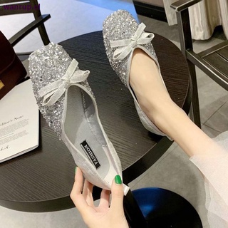 Net celebrity girl 2021 spring new wild shallow mouth wedding shoes student sequin bow flat square toe single shoes women