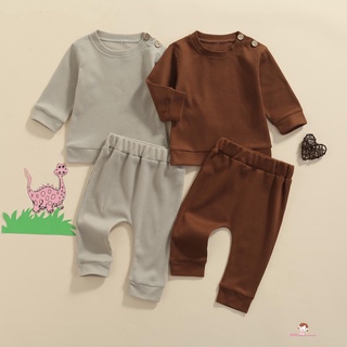 Xzq7-Baby Casual otoño conjunto de moda Color sólido manga larga Tops y pantalones largos