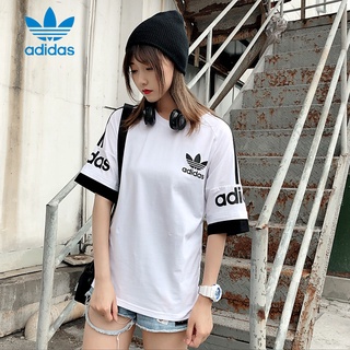 Adidas T-shirt Women's Sports Short-sleeved Men's Summer Clover Logo Striped Ice Silk Pure Cotton Breathable Loose Round Neck Couple Suit