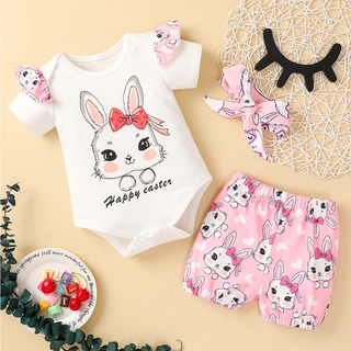 babyya recién nacido bebé niñas conejo de pascua carta mameluco+pantalones cortos de conejito+diadema