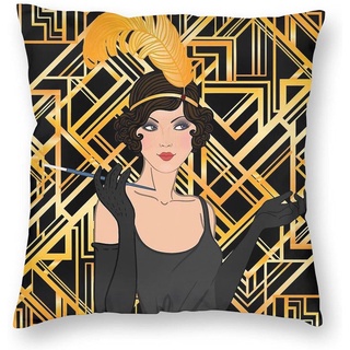 Funda de almohada lavable cuadrada, Mabel Art Deco oro negro Flapper The Great Gatsby 1920 Era lavable a máquina fundas de almohada, para sofá sofá dormitorio sala de estar