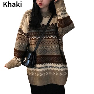 un tamaño retro japonés cuello redondo jersey suéter de las mujeres otoño/invierno coreano perezoso estilo suelto de manga larga de punto superior (3)