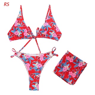 RS Sexy 3pcs Swimsuit Set Women Vintage Floral Print Triangle Bottom Bikini O-Ring Bandage Bathing Suit with Sarong Skirt