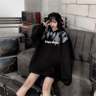 Jersey de punto para mujer ~ nuevo estilo Harajuku con capucha oscuro impreso a la moda Delgado gordito chica sudadera