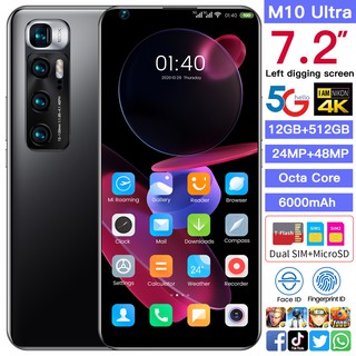 M10 Ultra Smartphone pulgadas U-Screen 12GB RAM 512GB ROM 24MP+48MP cámara cara 6000mAh batería 5G teléfono inteligente
