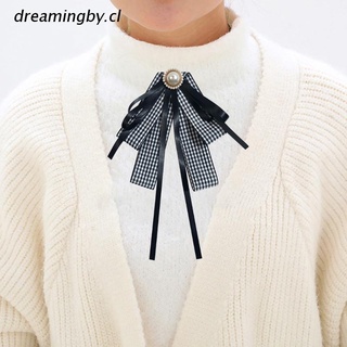 dreamingby.cl estilo coreano mujeres niñas en capas pajarita broche vintage cuadros impresión imitación perla bowknot corsage estudiante camisa collar