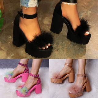 New Fashion Sexy Waterproof Platform Hairy Thick Sandals Women Summer Buckle Thick High-heeled Sandals 35-43