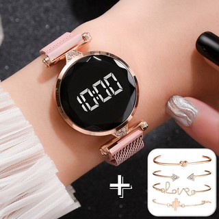 Reloj Digital Para Mujer / Pulsera De Oro Rosa / CinturóN De Malla De Acero Inoxidable Reloj Digital LED De Cuarzo Informal De Moda