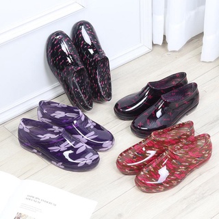 pvc zapatos de agua de las mujeres botas de lluvia tobillo pisos zapatos de lluvia flor deslizamiento en botas de lluvia para las mujeres