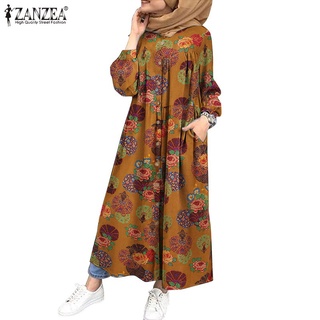ZANZEA Women Printed Long Sleeve Casual Retro Muslim Maxi Dress