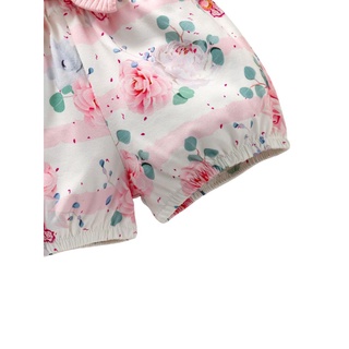 ➹-Mameluco de manga corta para bebé + pantalones cortos + diadema de arco, estampado de flores, decoración de volantes, ropa de verano (6)