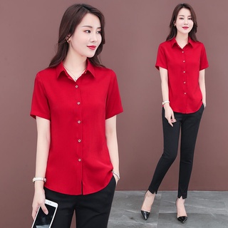 Camisa de mujer de manga corta con solapa de longitud media en rojo