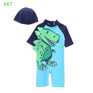 kkt anti-uv traje de baño con dinosaurio impreso verde natación gorra de manga corta de secado rápido niños bebé niños mono jersey de buceo