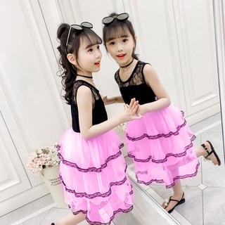Las niñas sin mangas de una sola pieza vestido nuevo vestido de princesa de verano de la moda de estilo coreano de los niños de verano mediano y grande de los niños negro de seda de encaje falda (4)