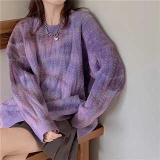 Tie teñido suéter de las mujeres versión suelta en otoño e invierno desgaste perezoso viento púrpura punto twist jersey 2021 [spot] cuatro estaciones (3)