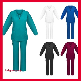 Mujer Color sólido manga larga cuello en V superior enfermera trabajo uniforme traje de bolsillo