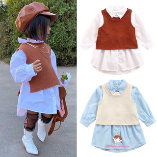 Xzq7-niño conjunto de trajes de Color sólido, niñas botón abajo solapa manga larga camisa vestido + cuello redondo chaleco