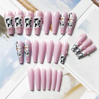24pcs flor impreso rosa parche de uñas tipo pegamento extraíble párrafo largo moda manicura ahorrar tiempo falso parche de uñas