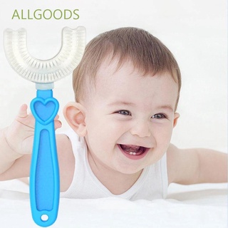 Allgoods PP suave piel de grado alimenticio Material de mano 360 grados en forma de U bebé cepillo de dientes de los niños cepillo de dientes de silicona